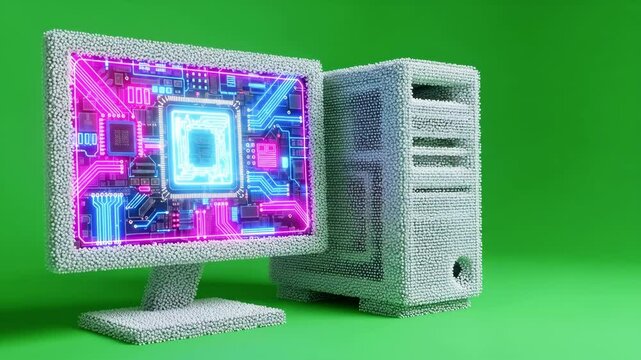 Futuristic computer setup with vibrant circuitry design on monitor against a bright green background