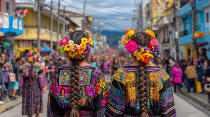 Fototapeta premium Indigenous Women with Braided Hair and Floral Headpieces Walking in Festival del Yamor Parade Through Historic Ecuadorian Streets