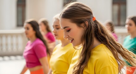 Diverse Group of Young Female Dancers in Colorful Clothes | Smiling Teenage Girls Practicing Dance Routine in Urban Setting for Social Media, Performing Arts and Fashion Marketing