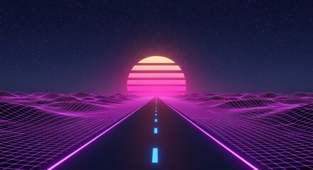 Retro synthwave road trip toward the horizon illuminated by a stylized sun