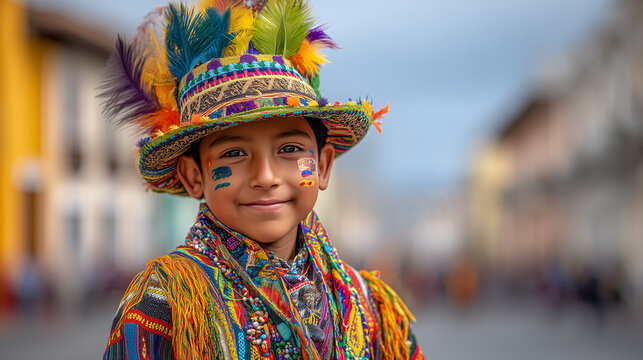 Smiling Boy Wearing Feathered Hat and Vibrant Traditional Costume During Festival del Yamor Cultural Celebration Parade in Ecuador