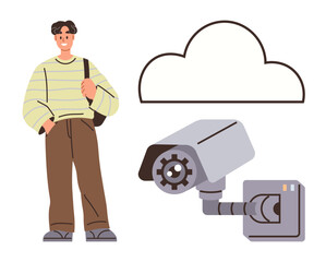 Young individual standing near a surveillance camera connected to cloud storage, representing data security, monitoring, smart technology, privacy concerns, urban safety, cloud integration, simple