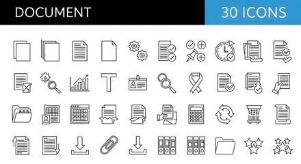 Document Icon Set - 30 Line Icons for Business, File Management and Office Applications