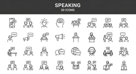 Speaking Icons - Thin Line Vector Illustration of Communication, Public Speaking, and Presentation...