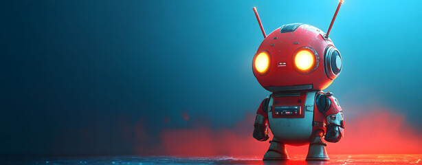 A futuristic red android robot with a gun against a blue background, blending retro charm with advanced technology