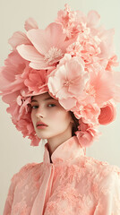 A woman's face adorned with a delicate floral wreath, showcasing the beauty of spring fashion and natural makeup