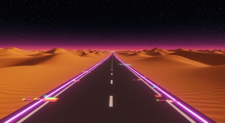 Synthwave highway through surreal desert landscape at dusk beneath a starry sky