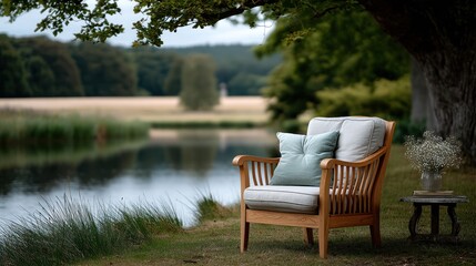 Wooden armchair by a tranquil lake under a large tree