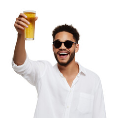Cheerful young man holding a glass of beer wearing sunglasses and white shirt, isolated on transparent background. 
