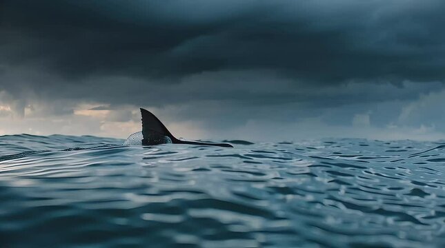 A Shark fin cuts through dark waters, a sign of the predator lurking below.