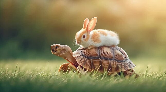 A whimsical scene of a small rabbit perched atop a tortoise, set against a soft, sunlit background