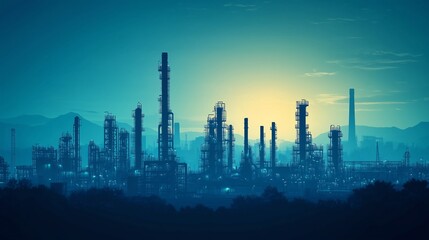 Blue-toned industrial factory landscape with pipes and gas tanks. Abstract vector illustration with clean silhouettes and empty space for text or marketing use.