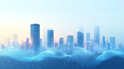 Minimalist flat illustration of a smart city with blue wavy data lines connecting buildings, futuristic network concept, clean high-tech cityscape with ample copy space for innovation content.