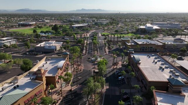 Aerial view of civic center and mountains, United States.