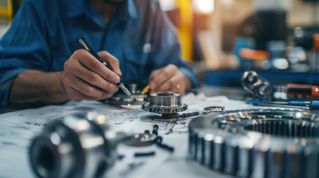 A Close-up view of engineers and technicians designing and engineering mechanical parts. Industrial engine factory, blueprints, bearing measurement, calipers, tools, industrial background.