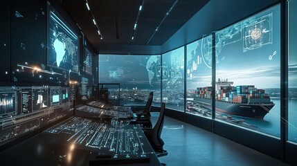 A futuristic control room where freight managers use augmented reality glasses to oversee global shipping routes, with digital twins of cargo ships and trucks displayed as 3D models