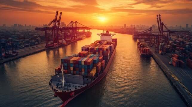 A busy port where containers are unloaded by electric cranes and loaded onto ships powered by alternative fuels, with digital dashboards displaying real-time data on reduced carbon emissions.
