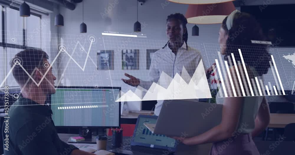 Poster business presenter reporting data triggers line graph evolving into bar charts map as team engaging