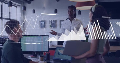 Business presenter reporting data triggers line graph evolving into bar charts map as team engaging - Powered by Adobe