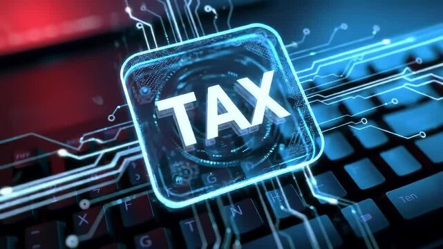 Economy block tax concept. Futuristic digital representation of taxation on a circuit board with glowing elements.
