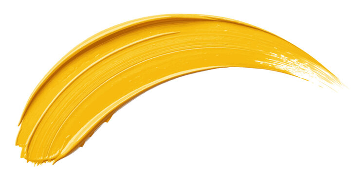  vibrant yellow paint smear on a plain white background in studio lighting creating an abstract and artistic design element.