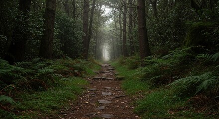 Forest path with ferns and trees leading into distance with soft light.