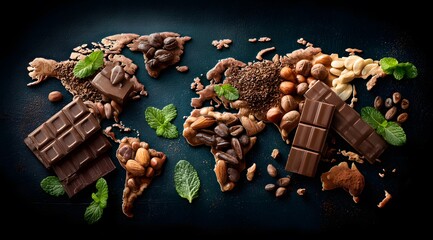 The world map showcases cocoa beans, nuts, and chocolate bars against a dark backdrop, accented with fresh mint leaves, conveying global chocolate and ingredient sourcing from around the globe.