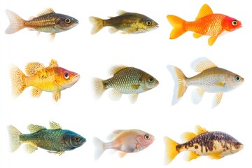 Naklejka premium A variety of freshwater fish species, isolated on white, focus on their anatomy and patterns