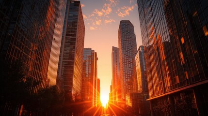 Obraz premium Modern Glass Skyscraper Buildings Reflecting Warm Sunset Light in Urban Cityscape
