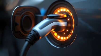 Close-up of EV charging port with minimalist design, showcasing ecological energy concept and ample copy space for text or branding