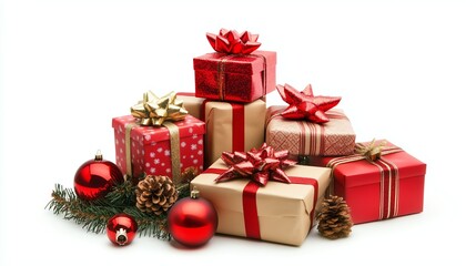 Obraz premium Stacked gift boxes in a pyramid shape, decorated with festive ribbons, on a plain white background. Copy space on top.