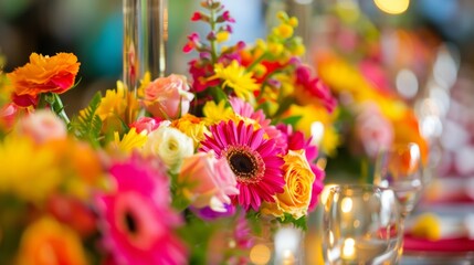 Tables adorned with vibrant bouquets of freshly flowers adding a touch of beauty to the already lively atmosphere.