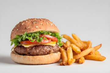 Classic Cheeseburger with Tomato, Lettuce, and a Side of Crispy Golden Fries