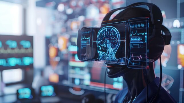 Digital healthcare and networking on modern virtual screens Close up of headphones and digital tablet with virtual patient's medical record on the interface.