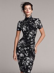 Woman in a black and white floral midi dress