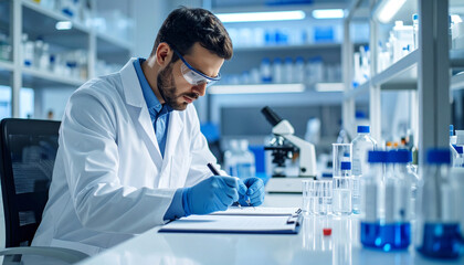 Scientific Precision: A focused scientist in a pristine laboratory environment meticulously documents his findings, embodying the essence of research and discovery.