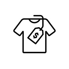 Line icon of a simple t-shirt with a price tag featuring a dollar symbol, isolated vector on white background, concept for clothing store pricing, online marketplace listings, and seasonal discount