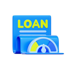 3D icon of a "LOAN" document with a financial gauge. For loan eligibility, credit assessment, financial evaluation, and application status.
