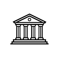 Minimalist black line icon depicting a classical building facade featuring four prominent columns and a stepped base, concept for financial institution representation, governmental authority