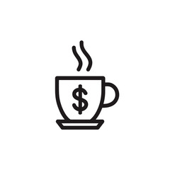 Minimalist vector outline icon illustrating a steaming hot beverage in a cup marked with a prominent dollar symbol, concept for cafe business investment, beverage pricing strategy and business
