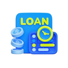 3D icon of a "LOAN" document with a clock and falling coins. For loan terms, repayment duration, financial timeline, and debt period.