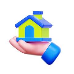 Naklejka premium 3D icon of a hand holding a house. For property loans, mortgage agreements, real estate financing, and homeownership credit.