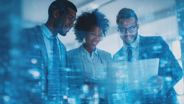 Diverse business team collaborates, digital overlay - Powered by Adobe