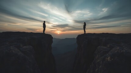 Two people standing apart on separate mountain cliffs at sunset with a vast sky above, symbolizing distance, challenge, emotional separation, and connection across a dramatic landscape.

