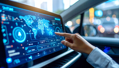 Navigating Tomorrow: A cutting-edge car interior presents a sleek, illuminated screen showcasing a world map and interactive controls, suggesting technological advancements in transportation.