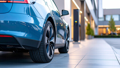 Electric Car Charging: Capturing the future of transport with a sleek blue electric car parked beside a charging station, symbolizing sustainability and technological advancement.