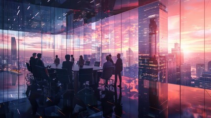 A boardroom buzzes with excitement as professionals engage in lively discourse about a fresh business project. Collaborative spirits are high, fueled by the shared goal of turning innovative ideas