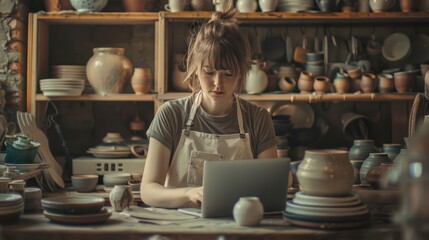 Inspired female potter standing in her workshop with a netbook next to it She watches the pottery stream. Drawing on creative insights to create her intricate pottery products.