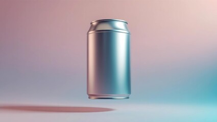 A shiny, silver aluminum can levitates against a gradient background.