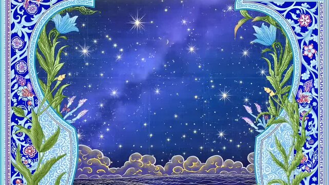 The moon is moving away and approaching on a background with clouds and patterns